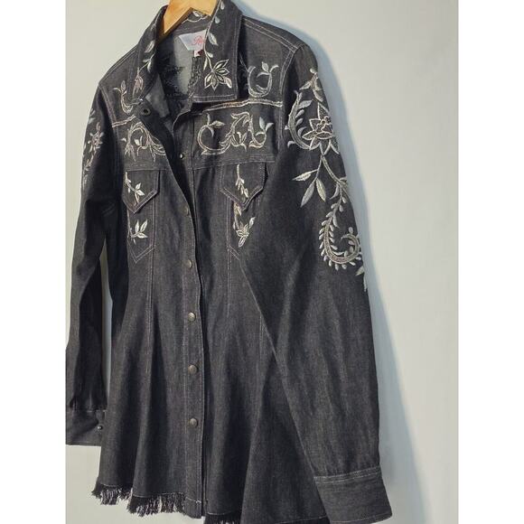 Roja Denim Western Embroidered Fringe Denim Tunic Top Shirt Button Front Medium - Picture 2 of 11